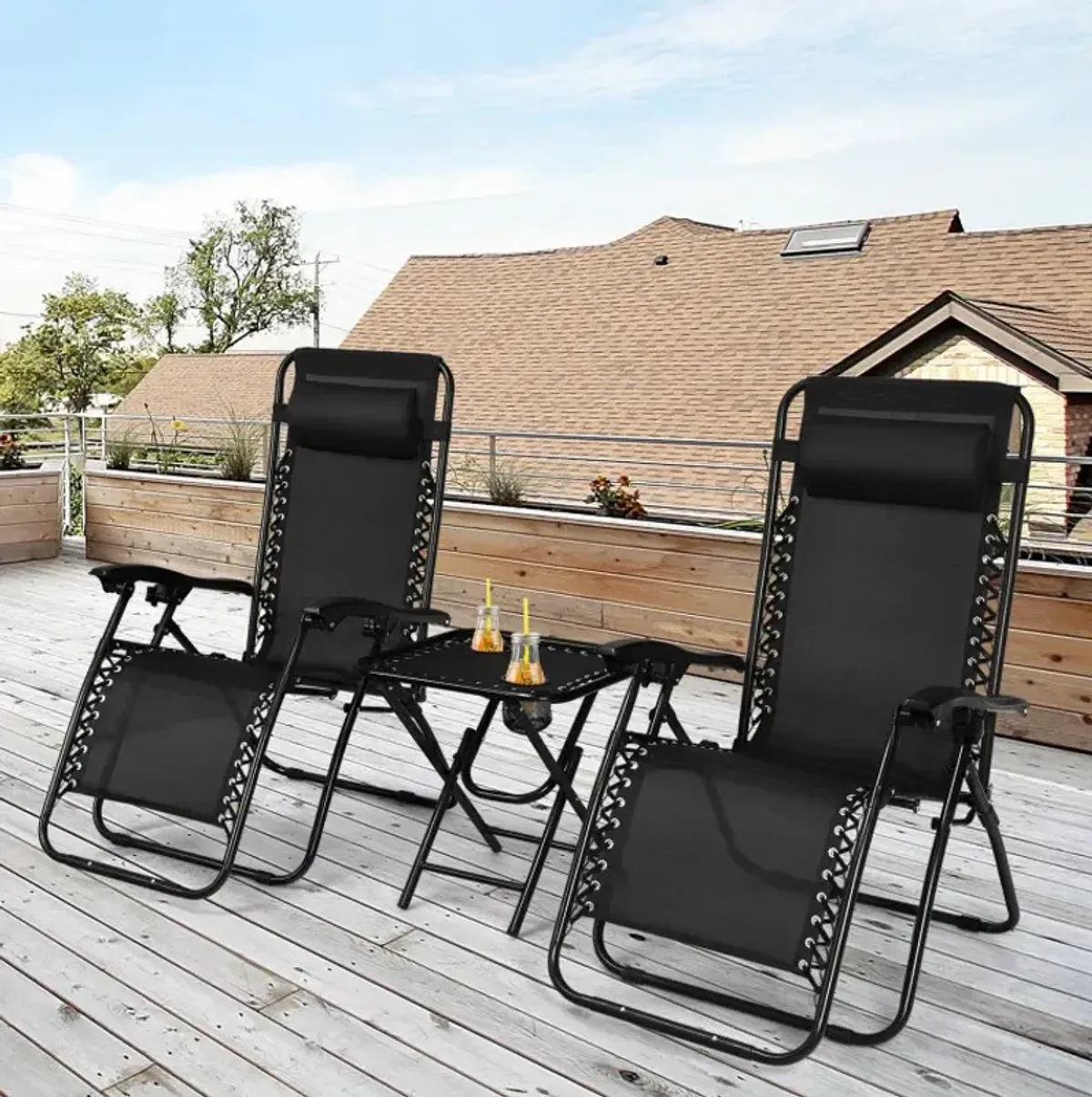 3 Pieces Folding Portable Zero Gravity Reclining Lounge Chairs Table Set