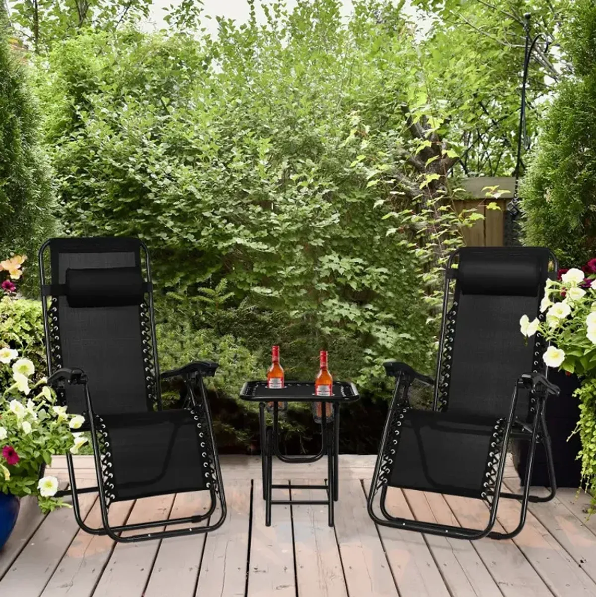 3 Pieces Folding Portable Zero Gravity Reclining Lounge Chairs Table Set