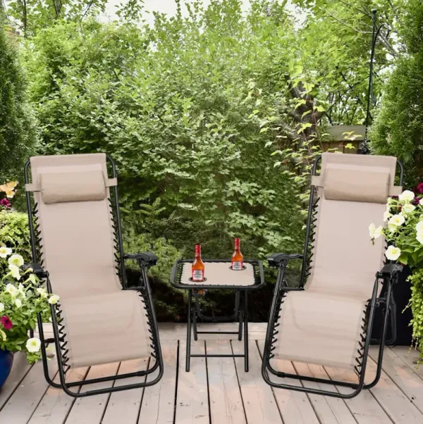 3 Pieces Folding Portable Zero Gravity Reclining Lounge Chairs Table Set