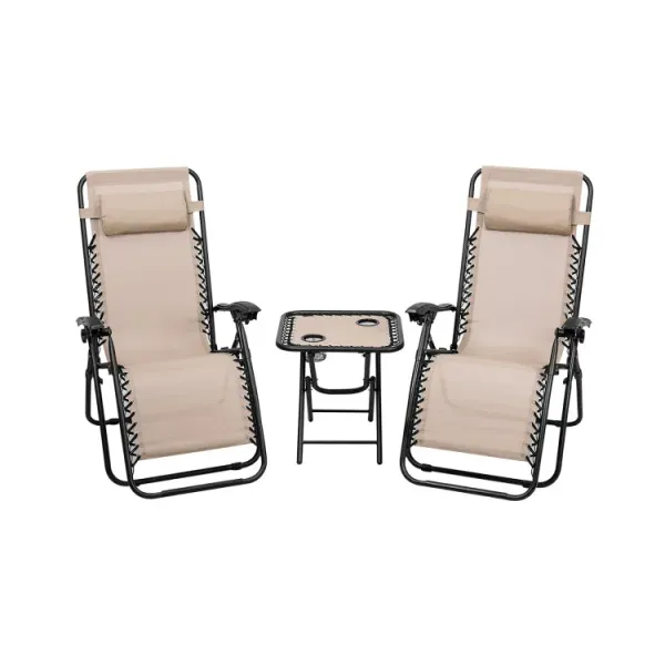 3 Pieces Folding Portable Zero Gravity Reclining Lounge Chairs Table Set