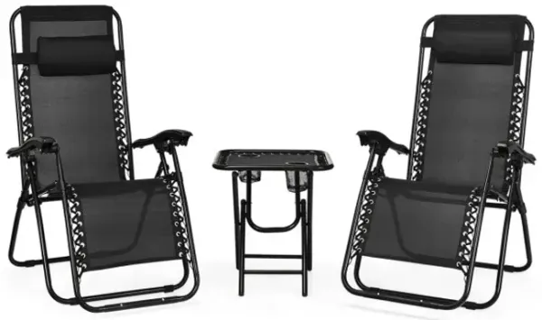 3 Pieces Folding Portable Zero Gravity Reclining Lounge Chairs Table Set