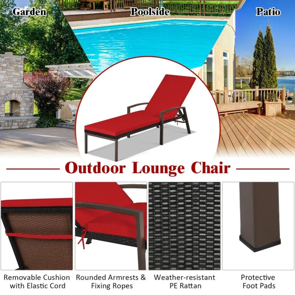 Outdoor Adjustable Reclining Patio Rattan Lounge Chair with Adjustable Backrest