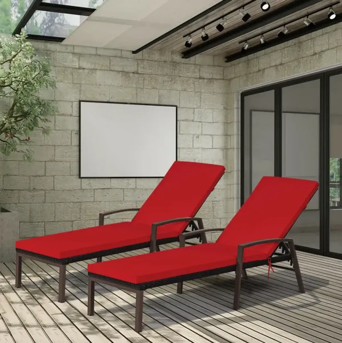 2 Pieces Patio Rattan Reclining Chaise Lounge Chair with Cushion and Armrest