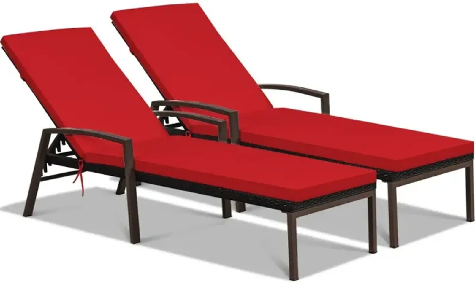 2 Pieces Patio Rattan Reclining Chaise Lounge Chair with Cushion and Armrest