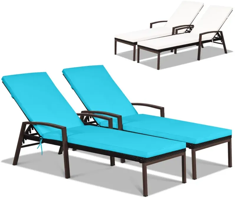 2 Pieces Patio Rattan Reclining Chaise Lounge Chair with Cushion and Armrest