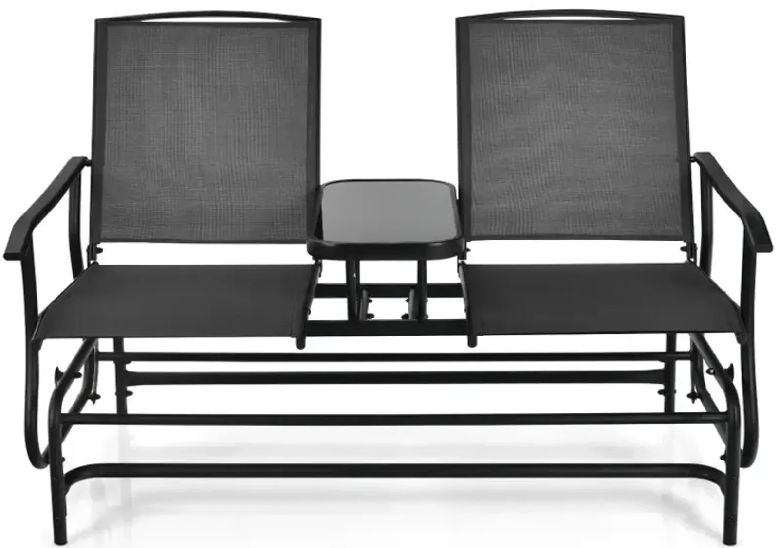2-Person Double Rocking Loveseat with Mesh Fabric and Center Tempered Glass Table