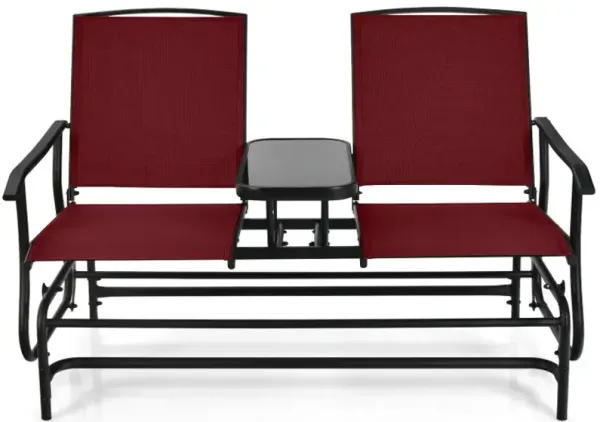 2-Person Double Rocking Loveseat with Mesh Fabric and Center Tempered Glass Table