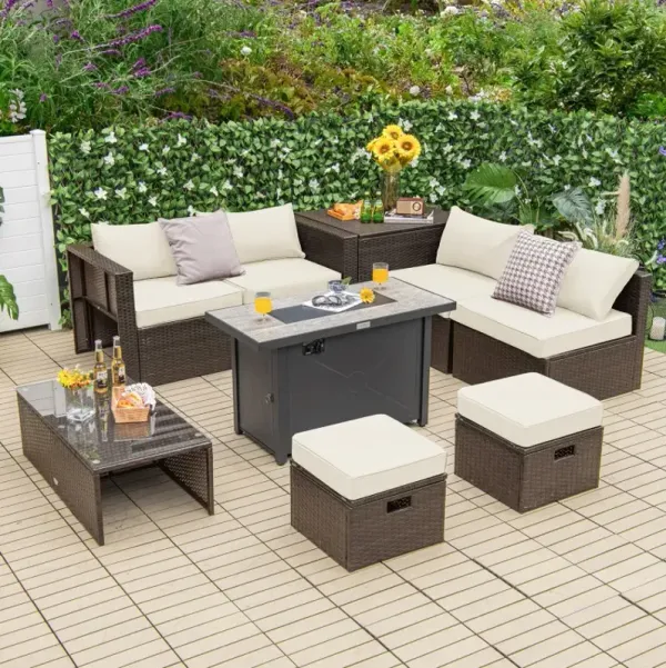 9 Pieces Outdoor Patio Furniture Set with 42 Inch Propane Fire Pit Table