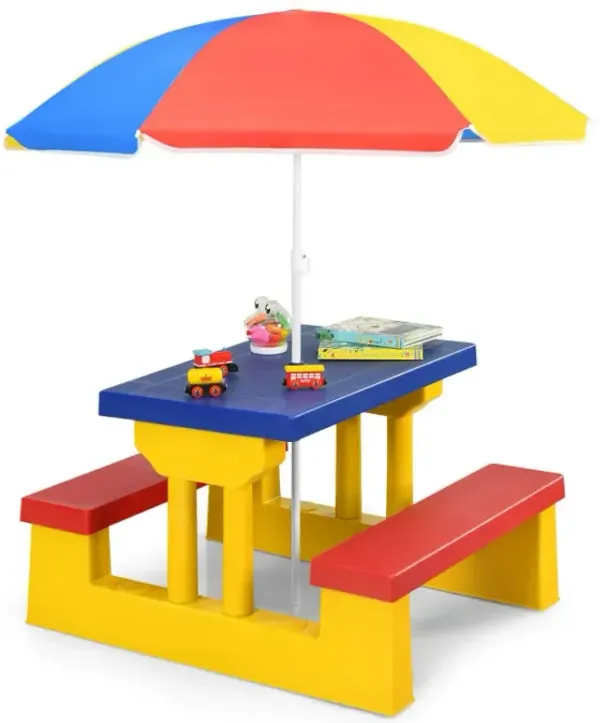 Kids Picnic Folding Table and Bench Set with Umbrella