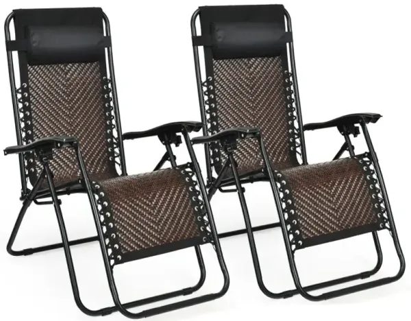 2 Pieces Folding Patio Rattan Zero Gravity Lounge Chair