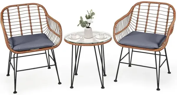 3 Pieces Patio Rattan Bistro Set with Cushion