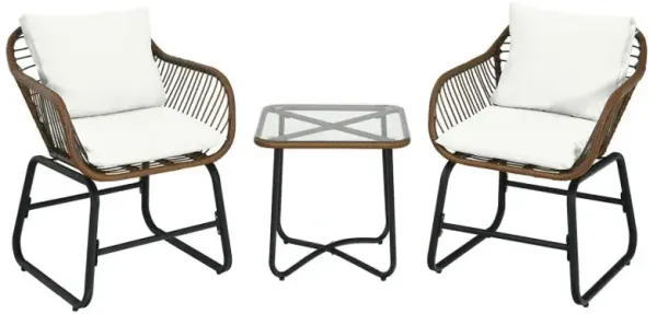 3 Pieces Patio Rattan Bistro Set with Cushions and Glass Table