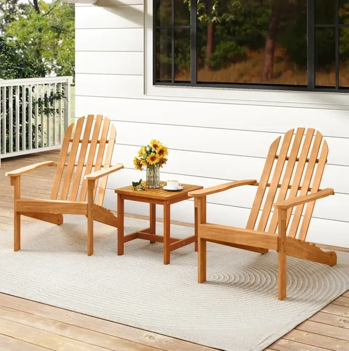 Acacia Wood Patio Adirondack Chair with Inclined Seat and High Backrest for Porch Poolside