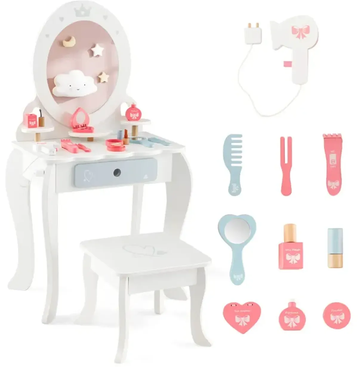 Kids 2-in-1 Princess Makeup Table and Chair Set with Removable Mirror