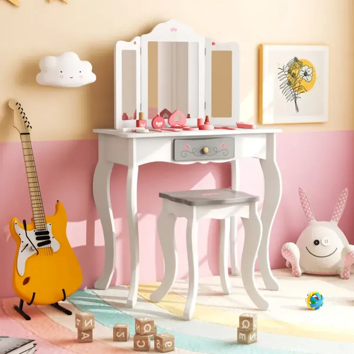 Kids Vanity Set with Tri-folding Mirror