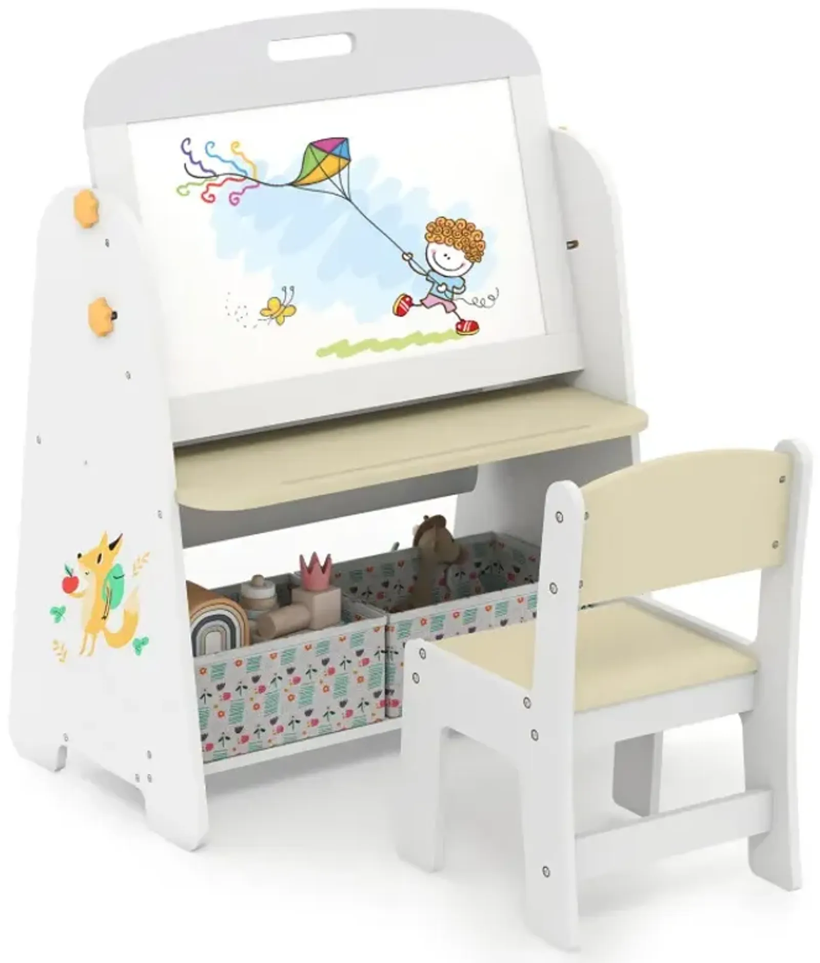 4-in-1 Kids Table and Chair Set Art Easel with Magnetic Whiteboard and Bookshelf