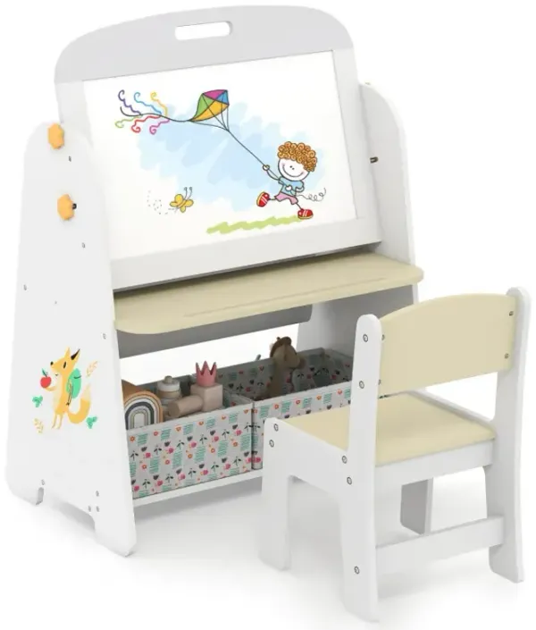 4-in-1 Kids Table and Chair Set Art Easel with Magnetic Whiteboard and Bookshelf