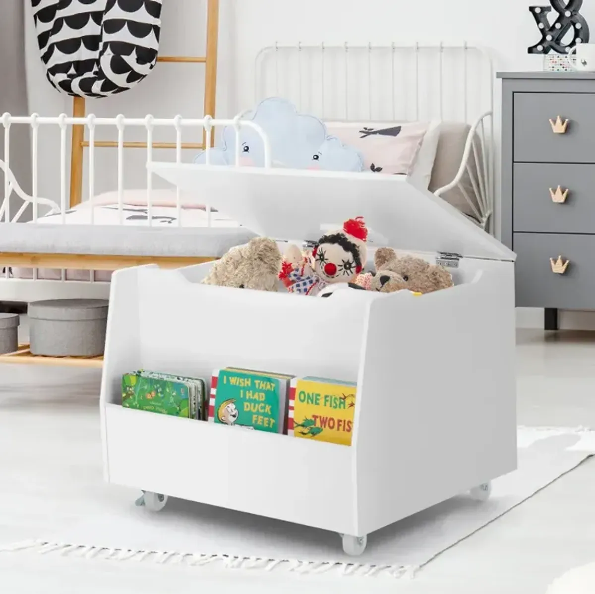 Wooden Mobile Toy Storage Organizer with Bookshelf and Lockable Wheels