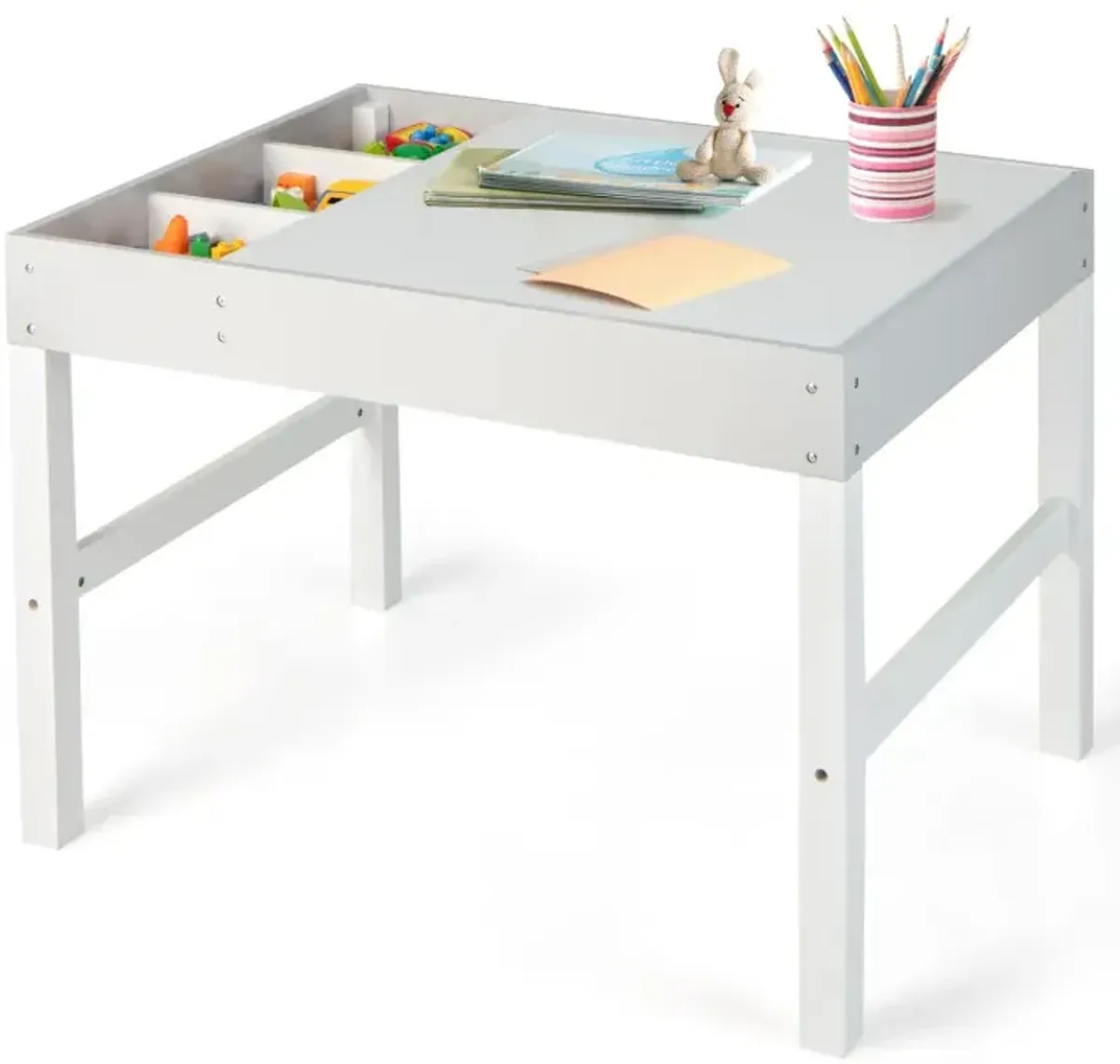 3 in 1 Wooden Kids Table with Storage and Double-Sided Tabletop
