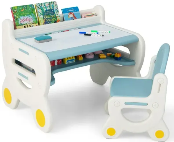 Kids Drawing Table and Chair Set with Watercolor Pens and Blackboard Eraser