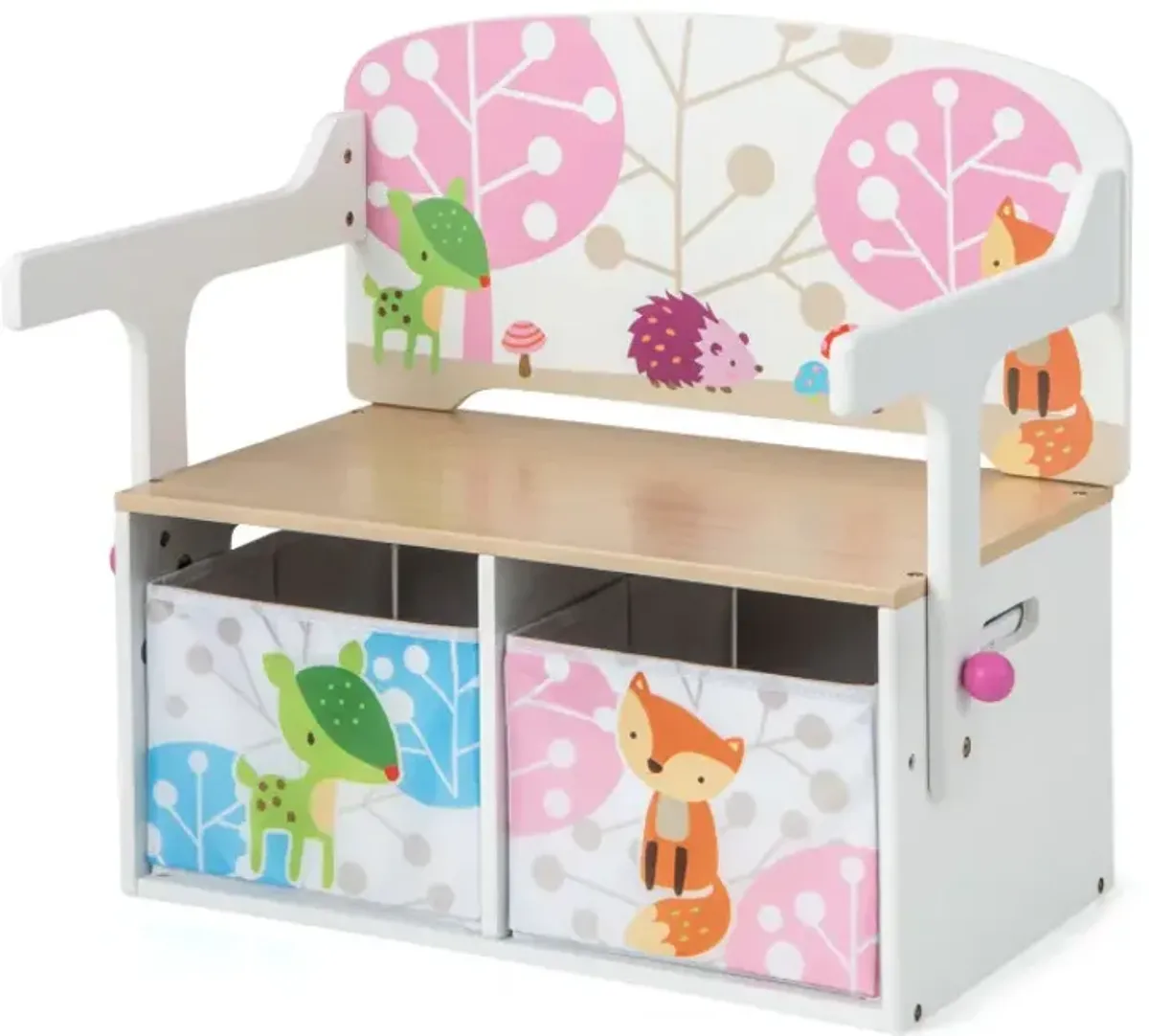 3 in 1 Kids Convertible Activity Bench with 2 Removable Fabric Bins