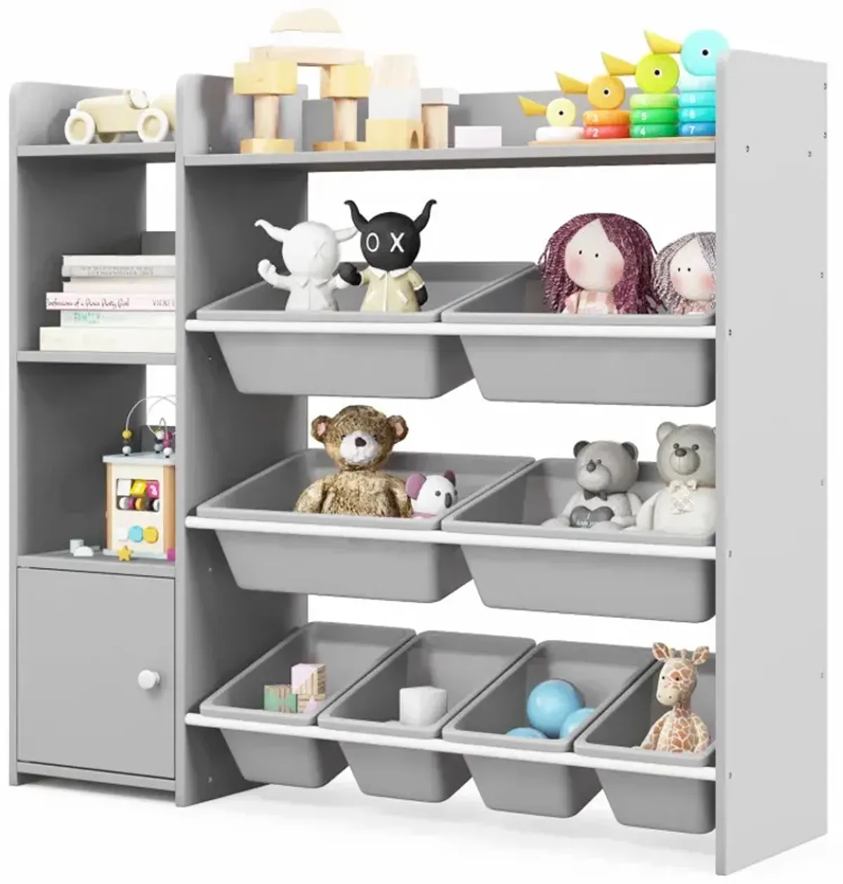 4-Tier Kids Bookshelf and Toy Storage Rack with 8 Toy Organizer Bins