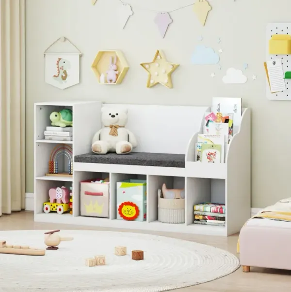 Kids Bookcase with Reading Nook 3-in-1 Standing Toy Organizer