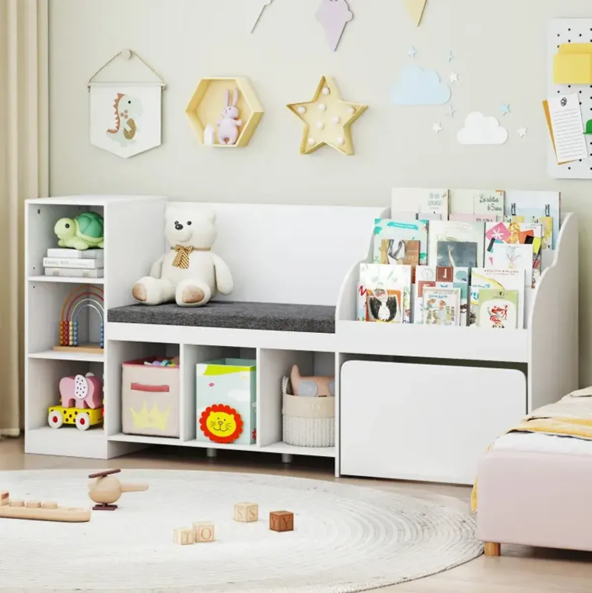 Kids Bookcase with Reading Nook 4-in-1 Standing Toy Organizer