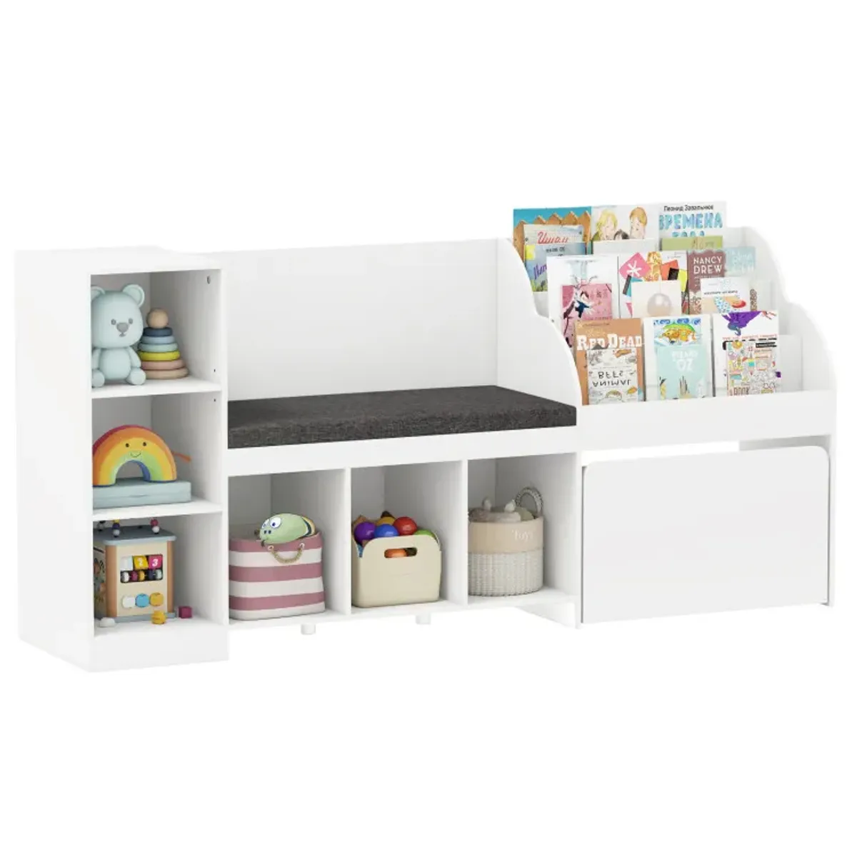 Kids Bookcase with Reading Nook 4-in-1 Standing Toy Organizer
