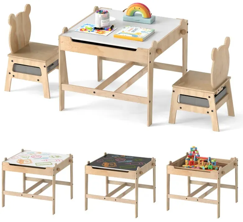 Kids Table and Chairs Set with Reversible Whiteboard