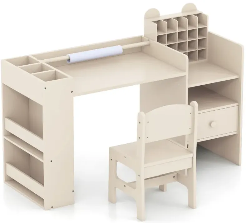 Kids Art Table and Chair Set with Detachable Paper Roll Holder and Cabinet
