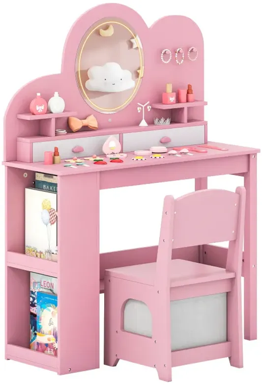 Kids Vanity with Lights Princess Vanity Table and Chair Set with 2 Drawers and 2-Tier Bookshelf