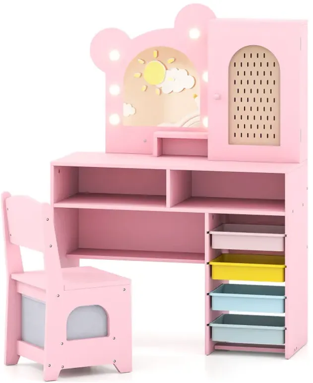Kids Vanity with Lights and 5 Drawers for Kids Aged 3+ Years Old