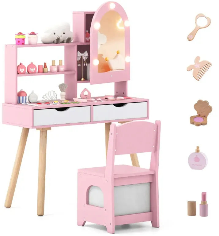 Kids Vanity Set Pretend Play Dressing Table Set with 3-Color Lighting Modes Adjustable Brightness and Mirror Cabinet