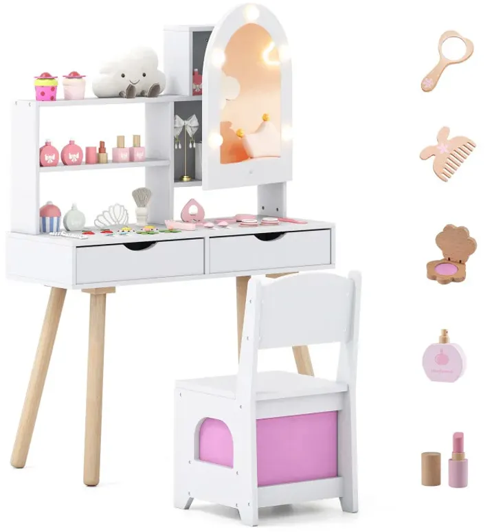 Kids Vanity Set Pretend Play Dressing Table Set with 3-Color Lighting Modes Adjustable Brightness and Mirror Cabinet