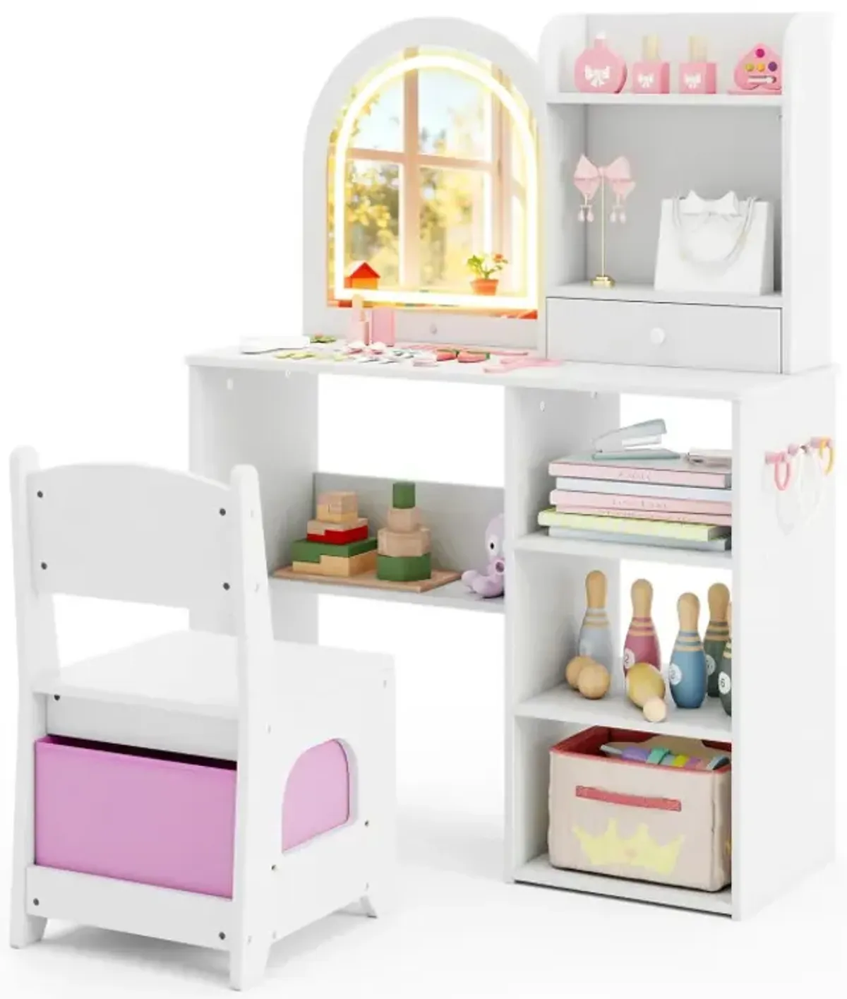 Kids Vanity Set Princess Girls Makeup Vanity Desk with Chair and 3-Color LED Lighted Mirror