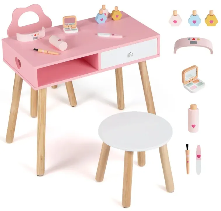 Kids Pretend Nail Salon Playset with Chair and Stool Wooden Toddlers Makeup and Manicure Kit with Eye Shadow