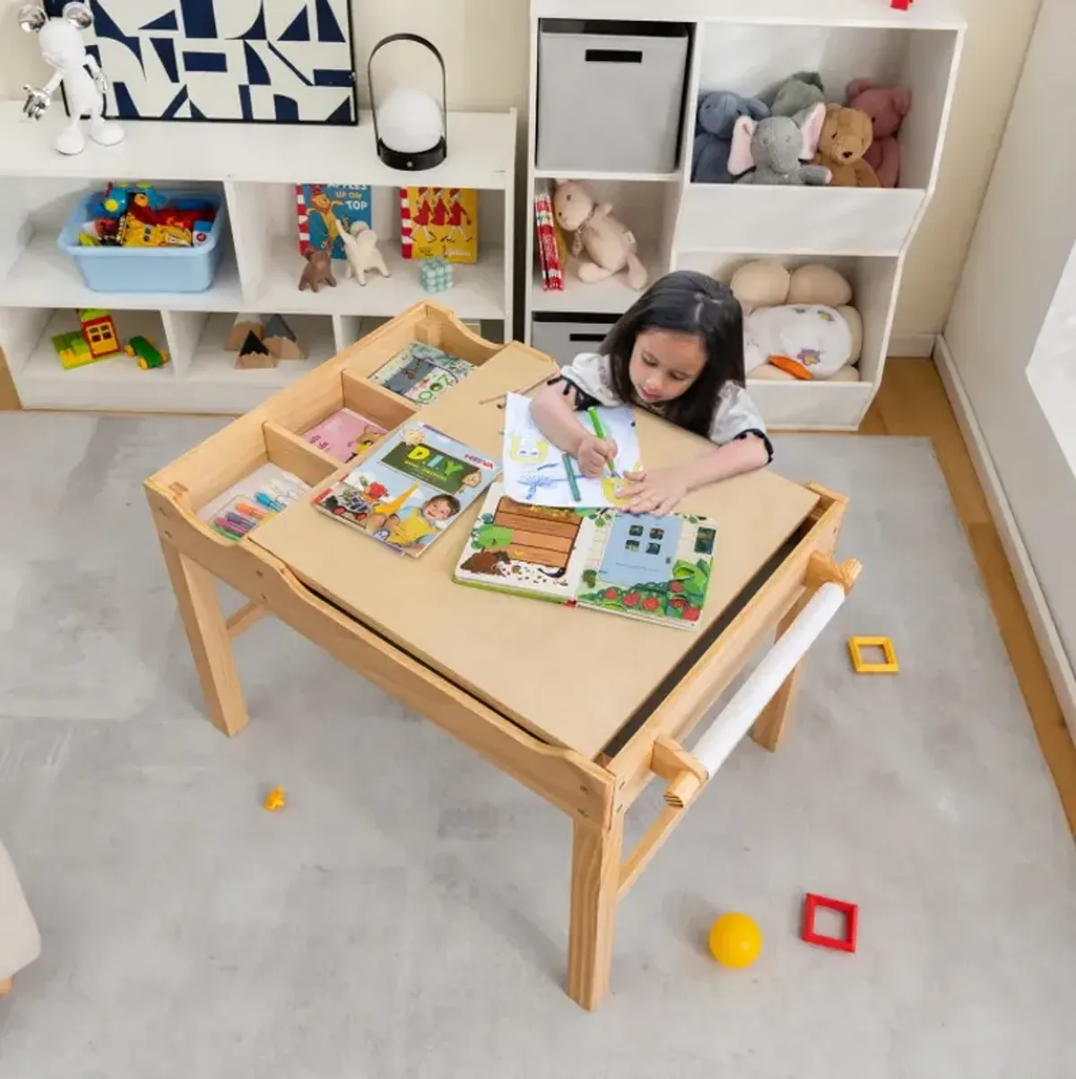 Kids Multi Activity Play Table Wooden Building Block Desk with Storage Paper Roll