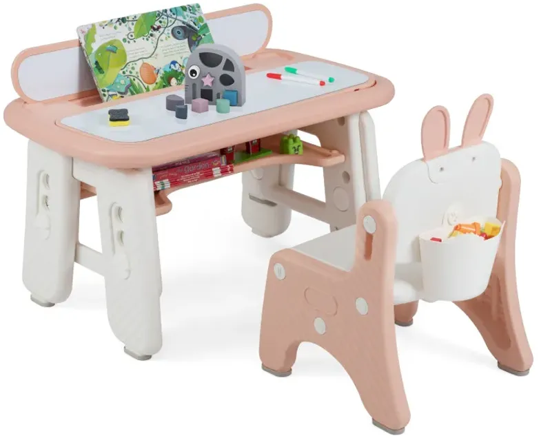 Kids Table and Chair Set with Flip-Top Bookshelf