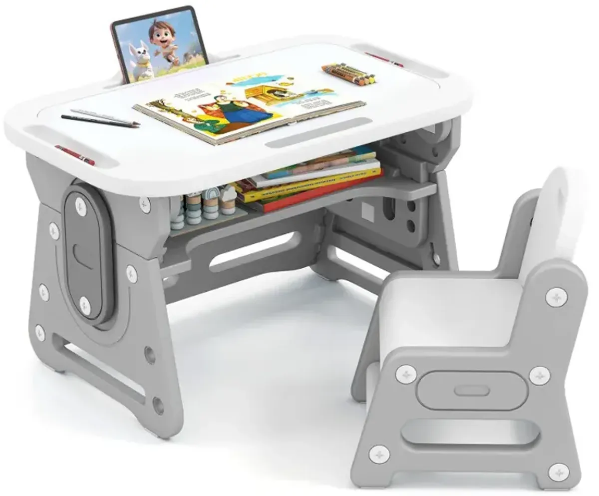 Height Adjustable Kids Table and Chair Set with Tiltable Whiteboard and Concave Shelf