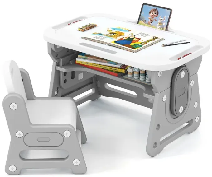 Height Adjustable Kids Table and Chair Set with Tiltable Whiteboard and Concave Shelf