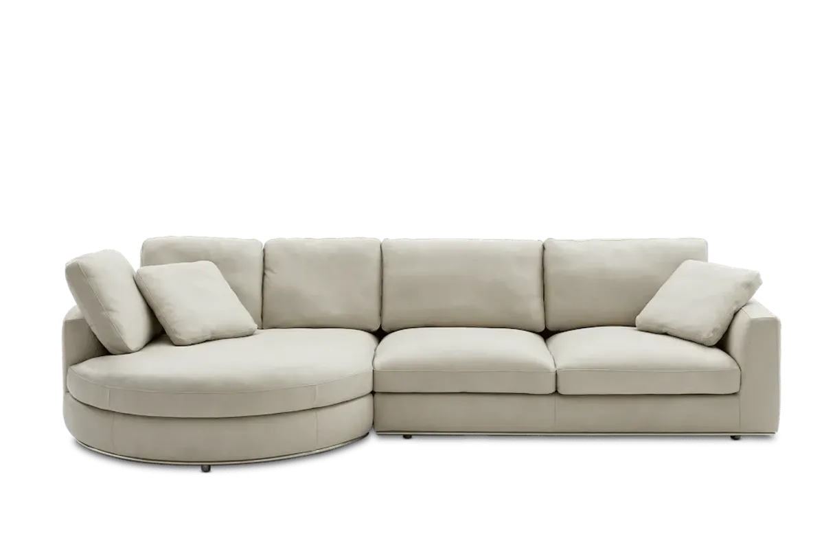 Hamilton Leather Round Chaise Sectional Sofa Left Facing, (Marche) Ivory