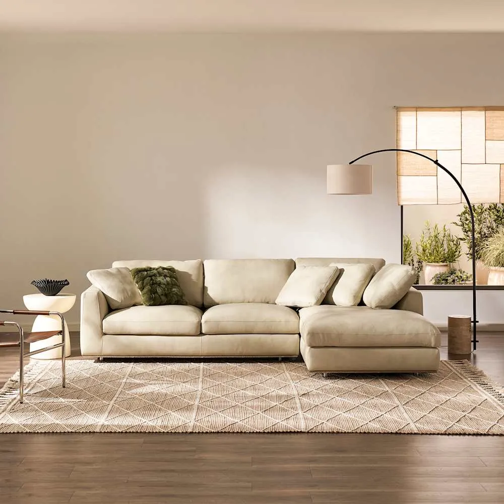 Hamilton Leather Chaise Sectional Sofa Right Facing, (Marche) Ivory