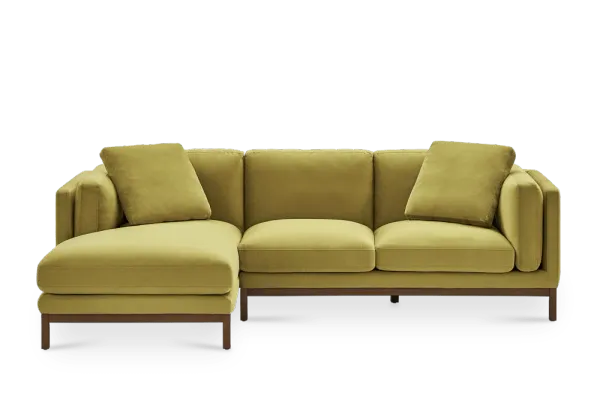 Owen Chaise Sectional Sofa Left Hand Facing, Olive Gold Velvet (Walnut Stain)