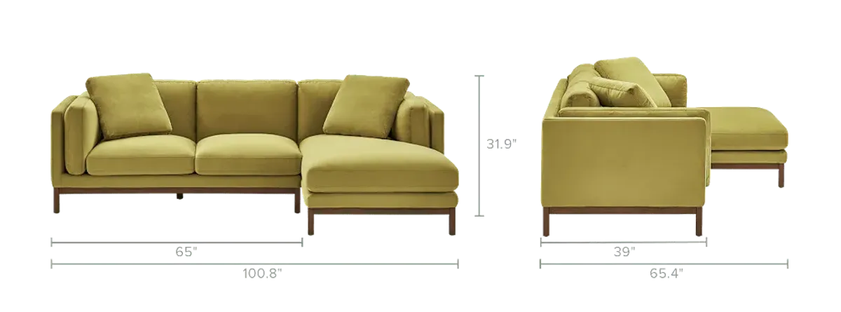 Owen Chaise Sectional Sofa Right Hand Facing, Olive Gold Velvet (Walnut Stain)