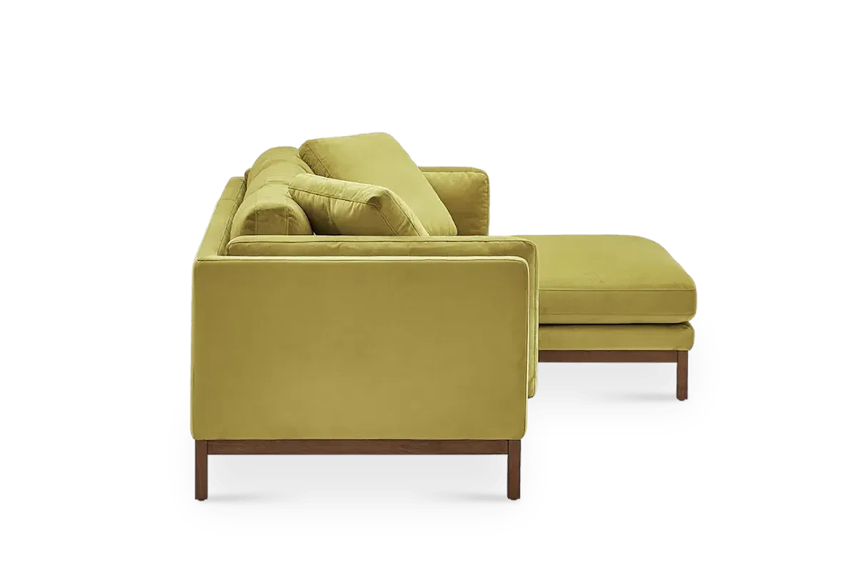 Owen Chaise Sectional Sofa Right Hand Facing, Olive Gold Velvet (Walnut Stain)