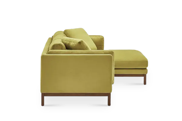 Owen Chaise Sectional Sofa Right Hand Facing, Olive Gold Velvet (Walnut Stain)
