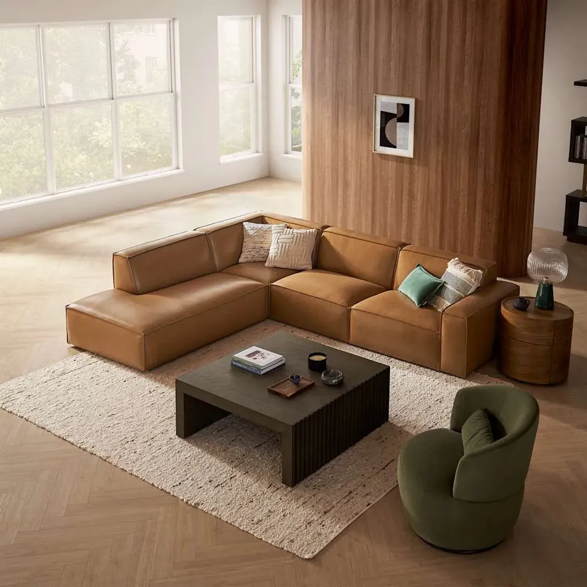 Jonathan Leather Extended Side Chaise Sectional Left Facing, Caramel