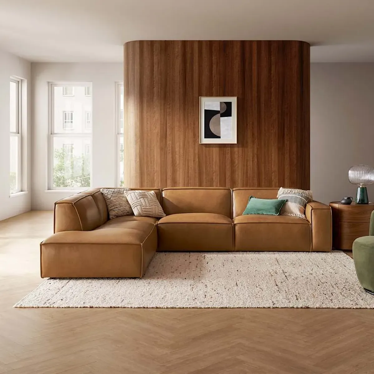 Jonathan Leather Extended Side Chaise Sectional Left Facing, Caramel