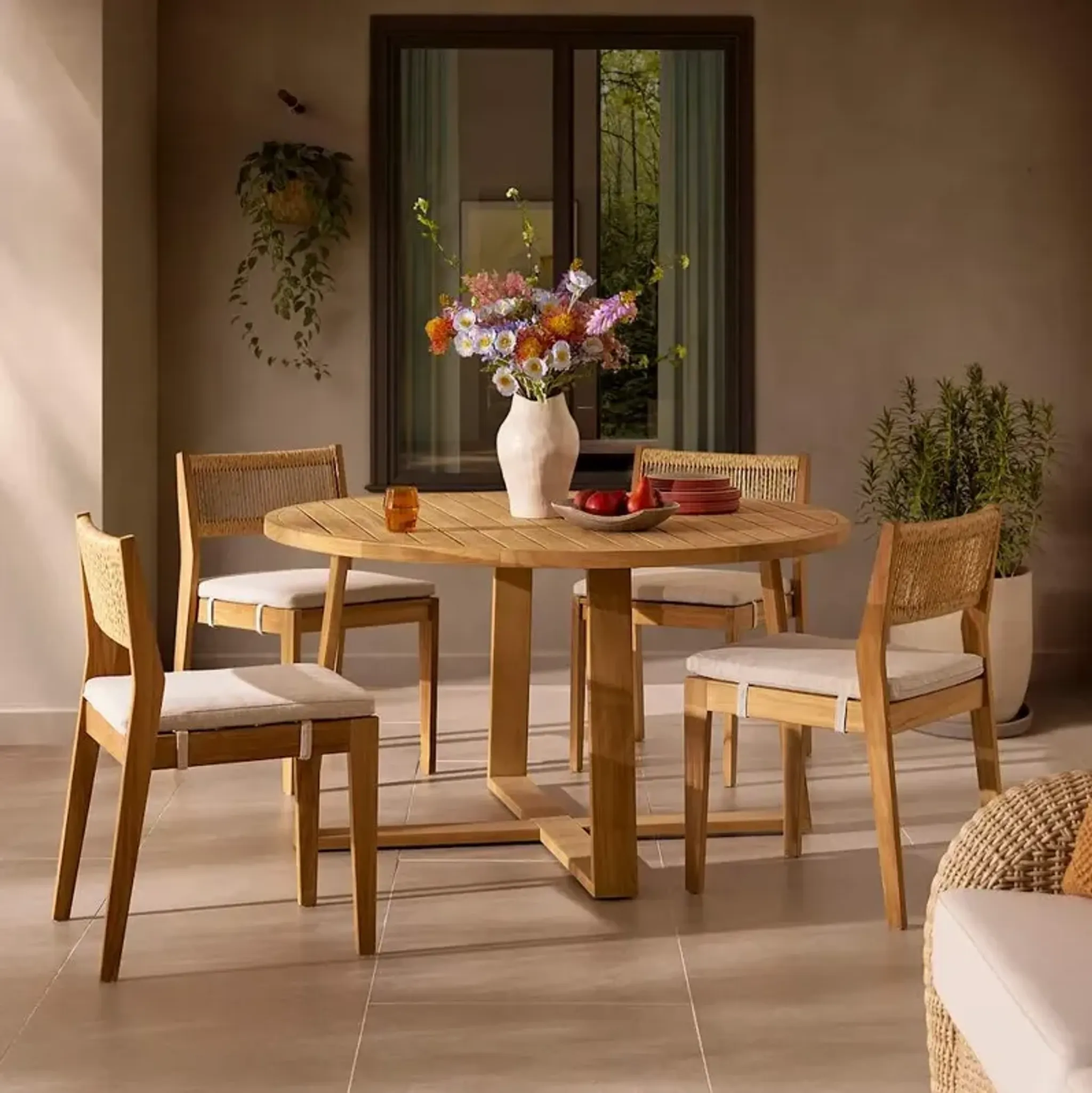 Rio Outdoor Teak Round Dining Table 55 1 With Ivory Cover Castlery ...